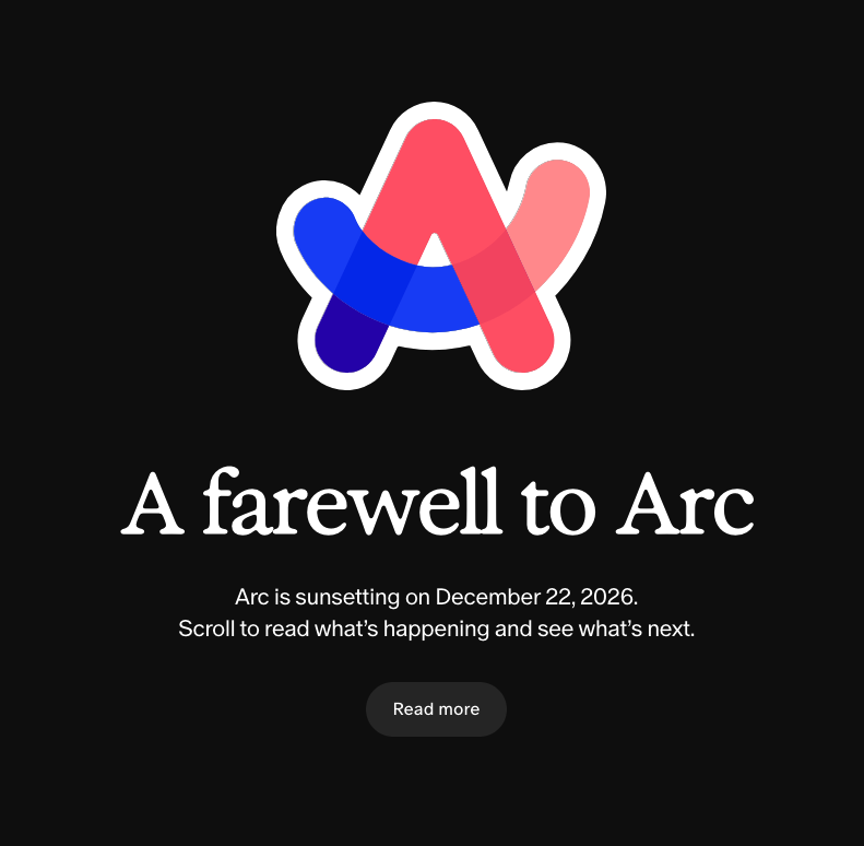 Arc browser logo, a red and blue stylized letter A, above the headline 'A farewell to Arc' and the note: Arc is sunsetting on December 22, 2026.